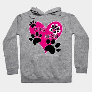 Pug Mom Big Pink Heart Dog Paw Prints Hoodie